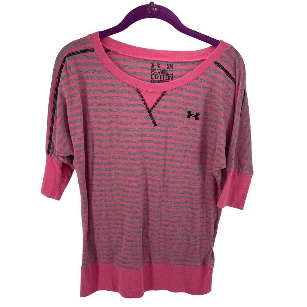 Under Armour Women's Charged Cotton Heatgear Stripes Tops Pink Grey Size SM